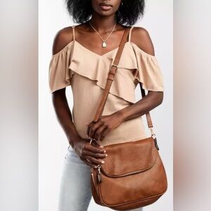 Moda Luxe Brooks Crossbody Foldover Cognac Vegan Leather Purse Bag Boho Hippie